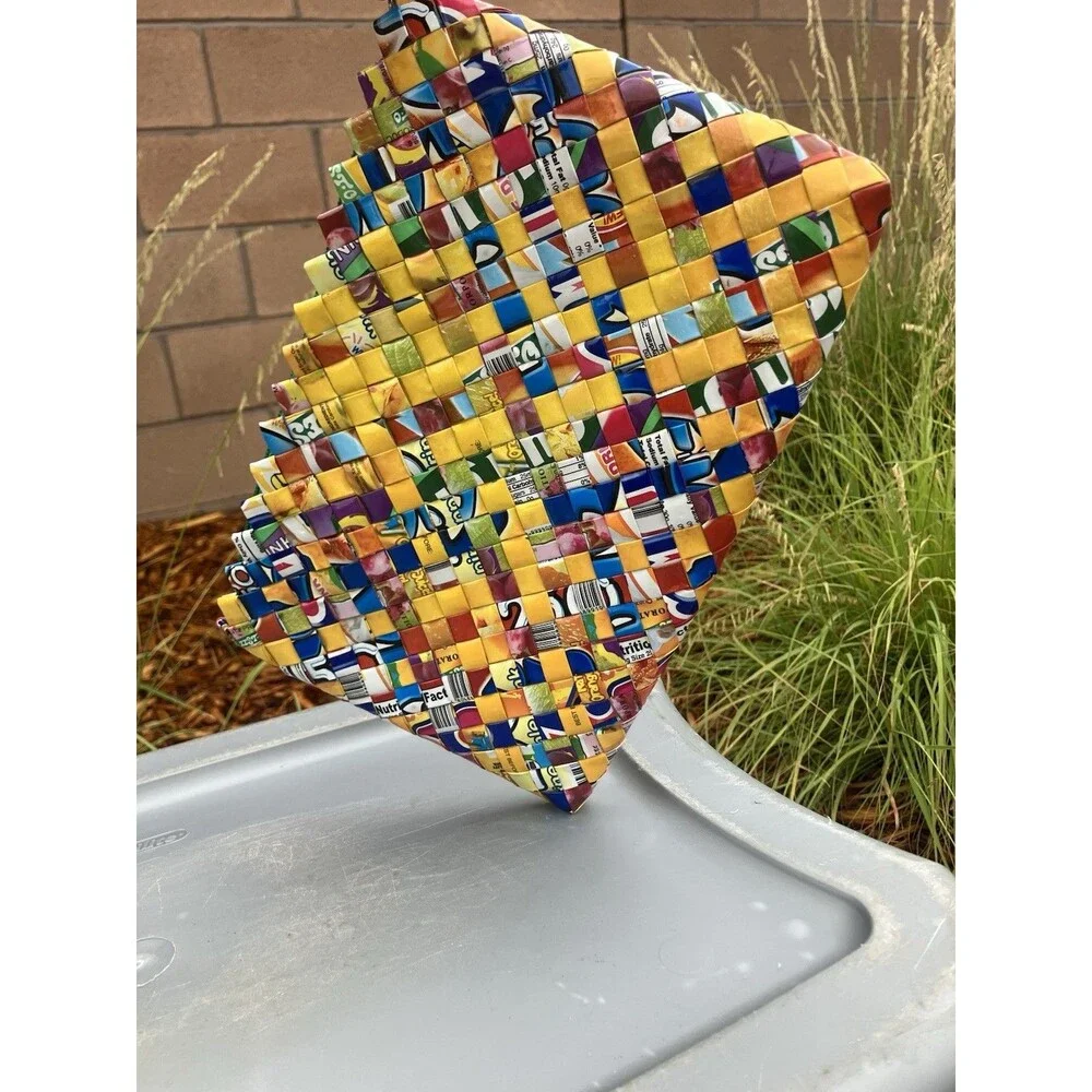 Handwoven Recycled Wrapper Clutch Purse Uncycled Colorful Zip Pouch 10”x7”